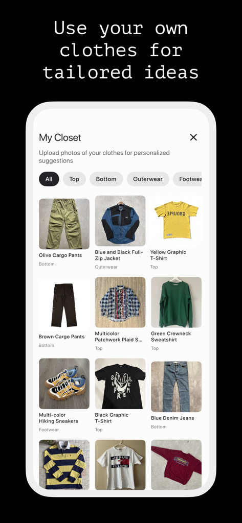 Climafit. - Interface of the My Closet feature in the Climafit app showing uploaded clothes and categories