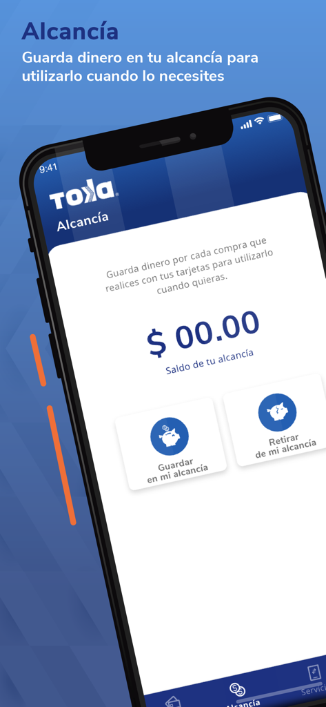 Toka Internacional - Interfaz de la aplicación Toka Internacional que muestra la función de ahorro Alcancia con saldo y opciones para depositar o retirar fondos