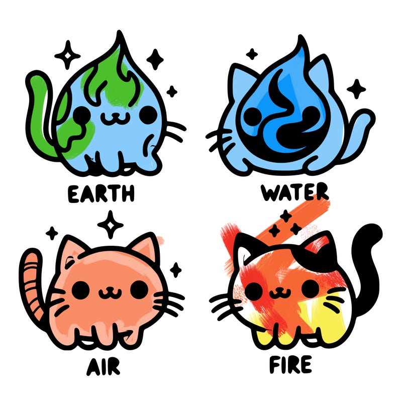 4 cats that represent the different elements, earth, water, air, and fire