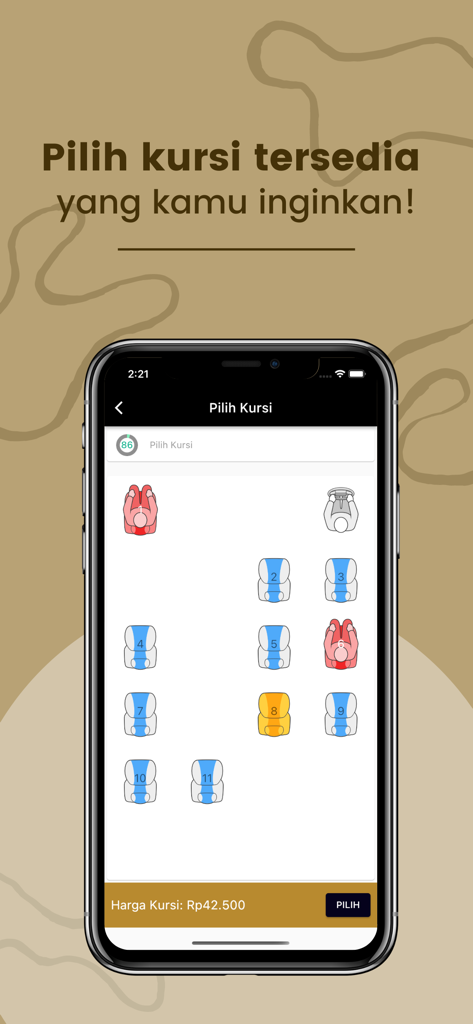 Interfaz de la app móvil Semeru Trans mostrando un mapa de asientos de autobús para selección de asientos en tiempo real