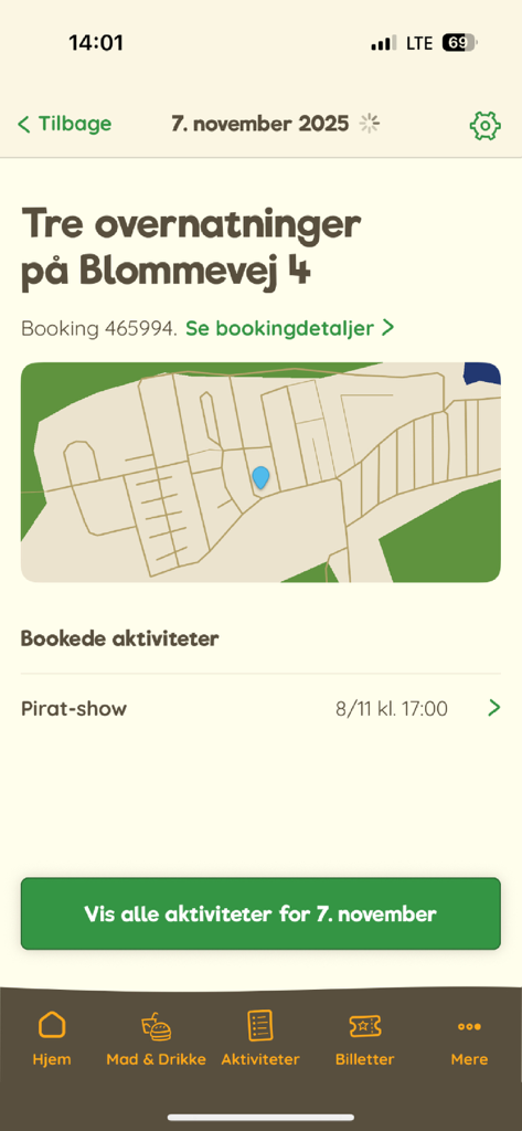 Jesperhus - for voksne - Jesperhus for voksne app screen with stay information map and activity schedule