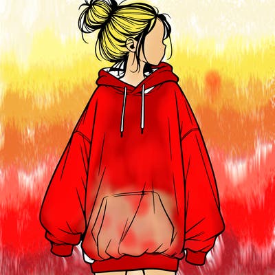 realistic girl with a oversized sweatshirt on and a bun