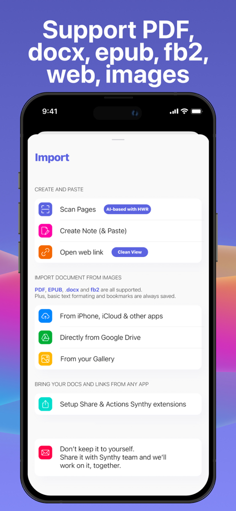 Synthy: Read aloud Text, Docs - Synthy app screen showing document import options for PDF docx and web links