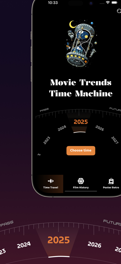 Seeker Movie Stats app interface showing the Movie Trends Time Machine with a year selection dial