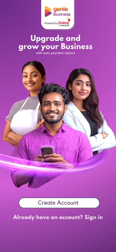 Pantalla de bienvenida de la aplicación Genie Business con emprendedores diversos y botones para crear una cuenta o iniciar sesión