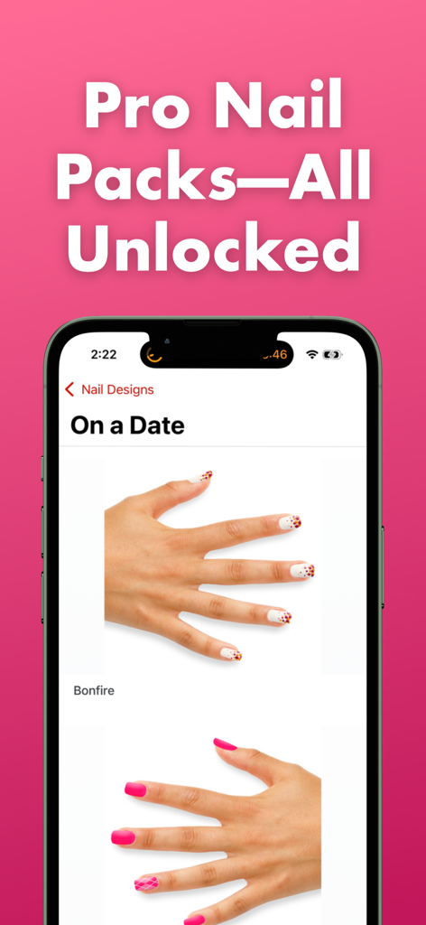 Nail Designs - Manicures & Art - Nail Designs app promotional screen showing unlocked pro packs with date night manicure styles.
