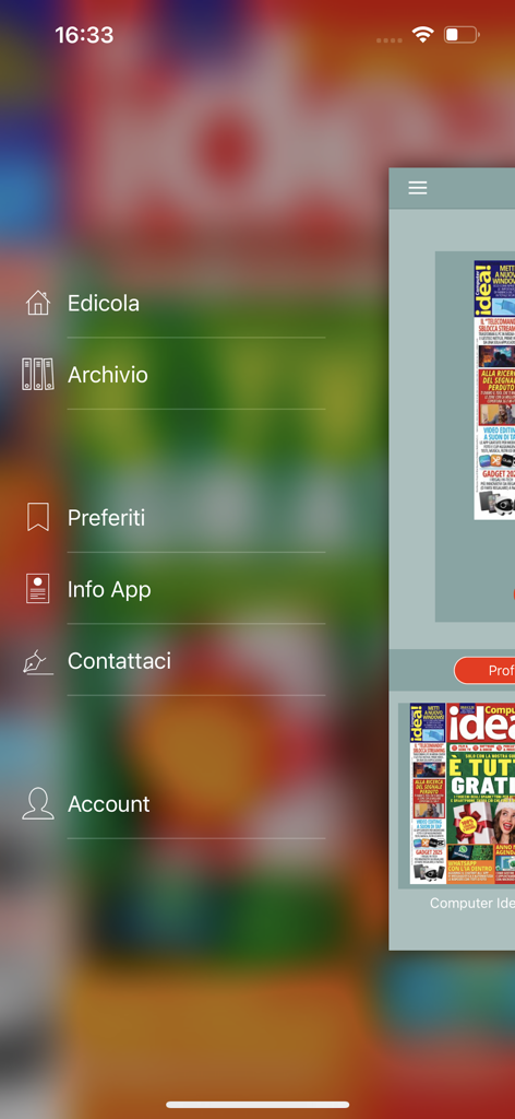 Il Mio Computer Idea - Mobile app interface for Il Mio Computer Idea displaying the navigation sidebar with menu options and digital magazine covers
