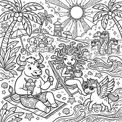 Dive into a fantastical summer with this unique coloring page featuring mythical creatures enjoying a sunny beach day. From Medusa sipping a coconut to a sunglass-wearing Hydra, this scene is packed with legendary fun perfect for all ages.