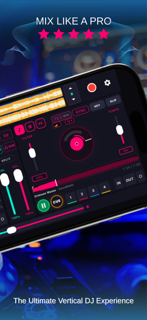 A smartphone showing the MIXY DJ Music Mixer app with a neon pink and cyan interface featuring a virtual turntable and mixing controls