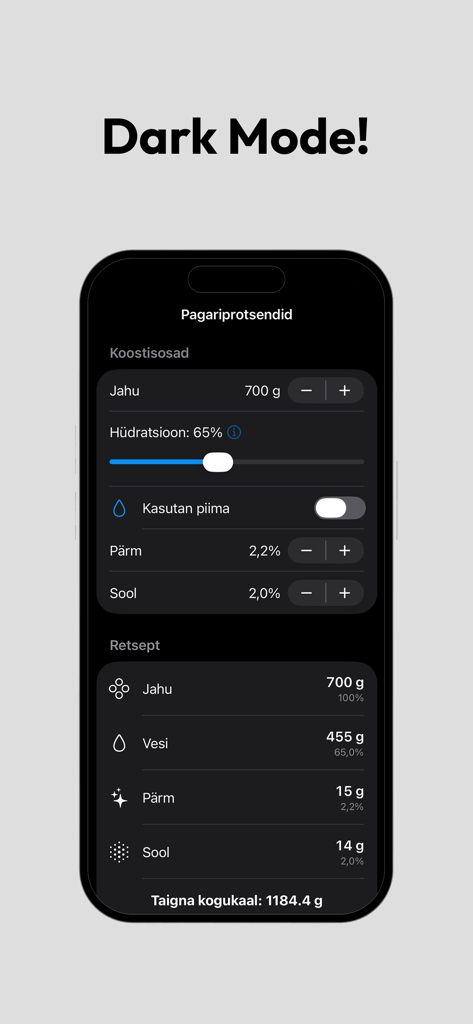 Interfaz de la aplicación Porcentaje de Panadería que muestra cálculos de ingredientes en modo oscuro