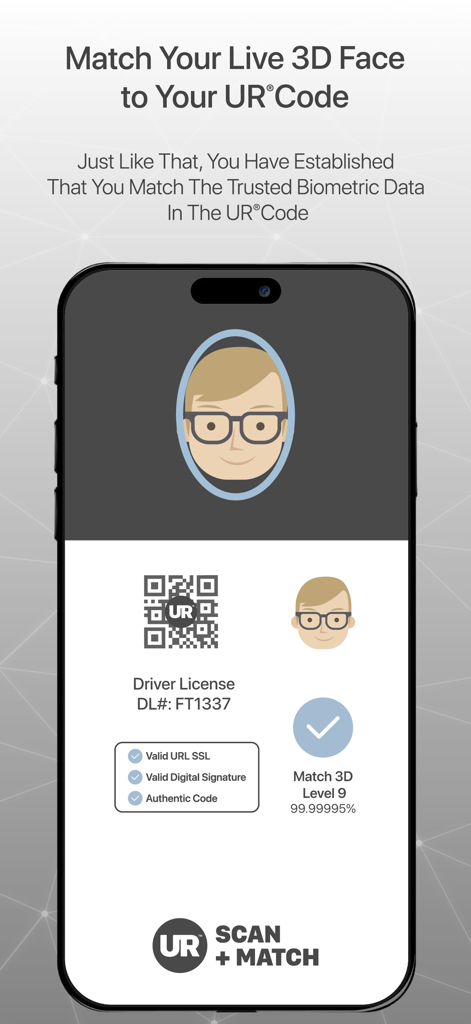 Scan + Match - Interfaz de la aplicación Scan and Match que muestra una coincidencia facial 3D exitosa con un código UR biométrico para la verificación de identidad