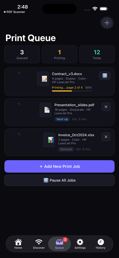HP Smart Printer App : AiPrint - AiPrintアプリの印刷キューダッシュボード。印刷中のステータス、キューに入れられたドキュメント、および毎日の印刷統計が表示されます。