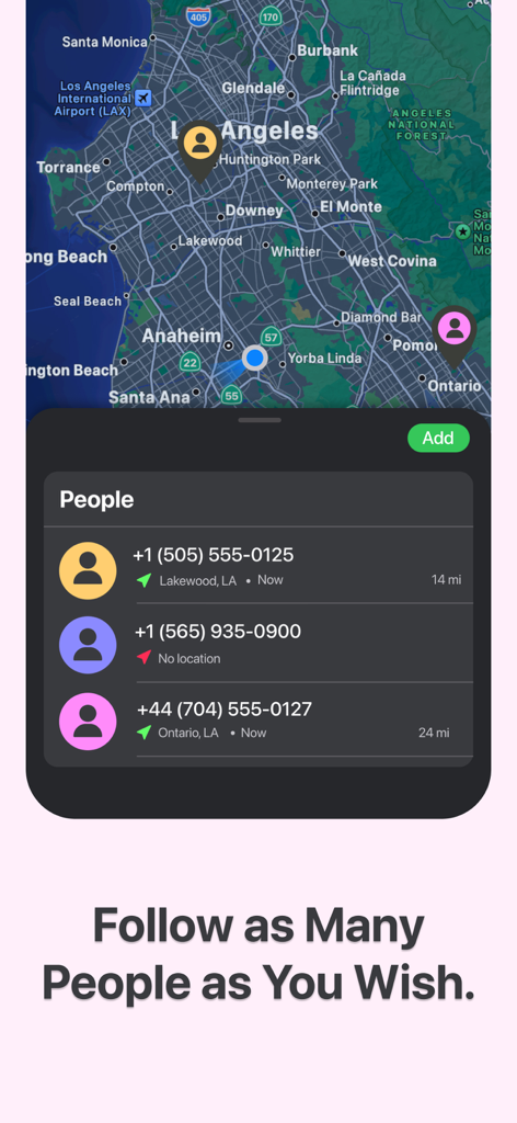 Interfaz de la aplicación SpotNow que muestra un mapa de Los Ángeles con pines de ubicación y una lista de números de teléfono rastreados.