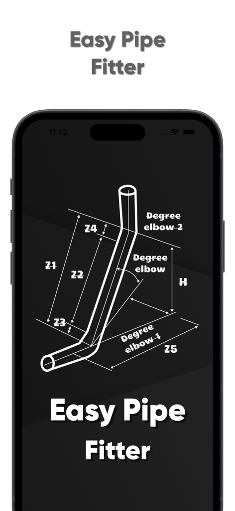 Easy Pipe Fitter - Pipe layout diagram with measurements and degree elbows in the Easy Pipe Fitter app.