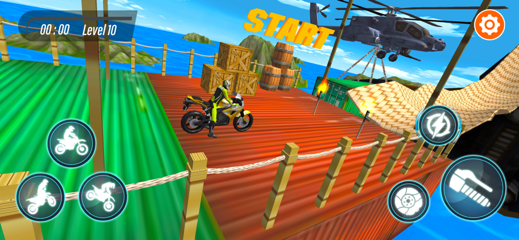 Bike Stunt Racing Extreme 3D - Un pilote de moto sur une plateforme de piste de cascade avec un hélicoptère au-dessus dans un jeu de course 3D.