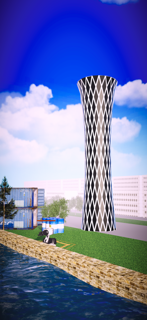 City Demolish: Rocket Smash! - A tall skyscraper with a black and white diamond lattice pattern in the City Demolish rocket smash game.