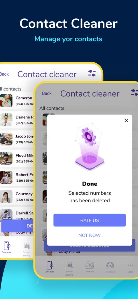 Phone Boosterアプリのインターフェイス。連絡先クリーナー機能と確認メッセージが表示されています。
