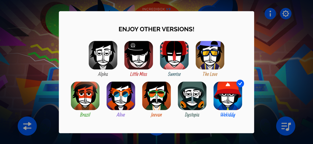Incredibox - Incredibox menu screen displaying various musical versions and character avatars