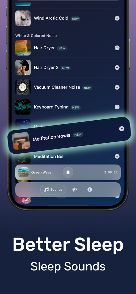 DRMN 앱에서 헤어 드라이어, 진공 청소기 및 명상 볼을 포함한 수면 소리 목록을 보여주는 스마트폰 화면