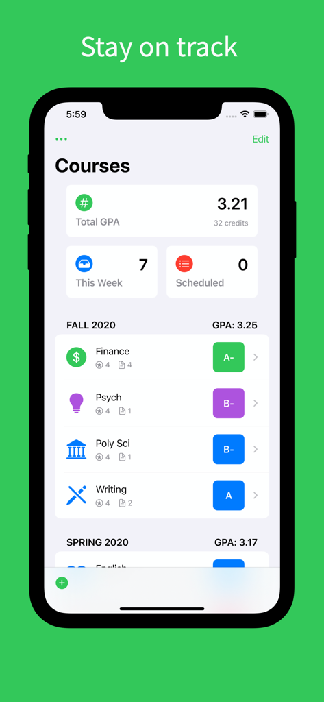 Interfaz de la aplicación móvil de Grade Control que muestra una lista de cursos con notas y el cálculo total del GPA