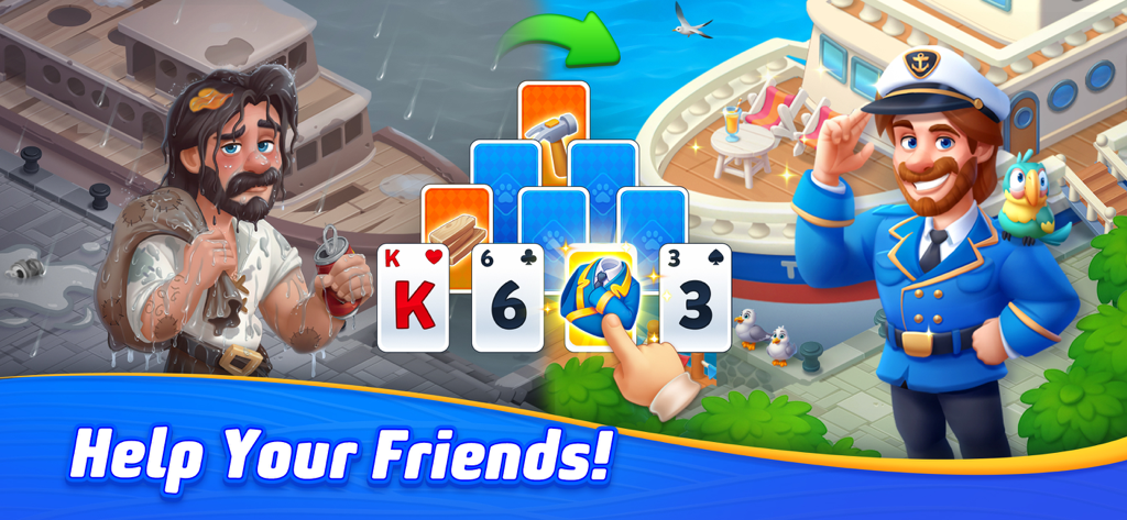 Solitaire TriPeaks Journey screenshot showing a character makeover from a disheveled man to a smiling ship captain through card gameplay.