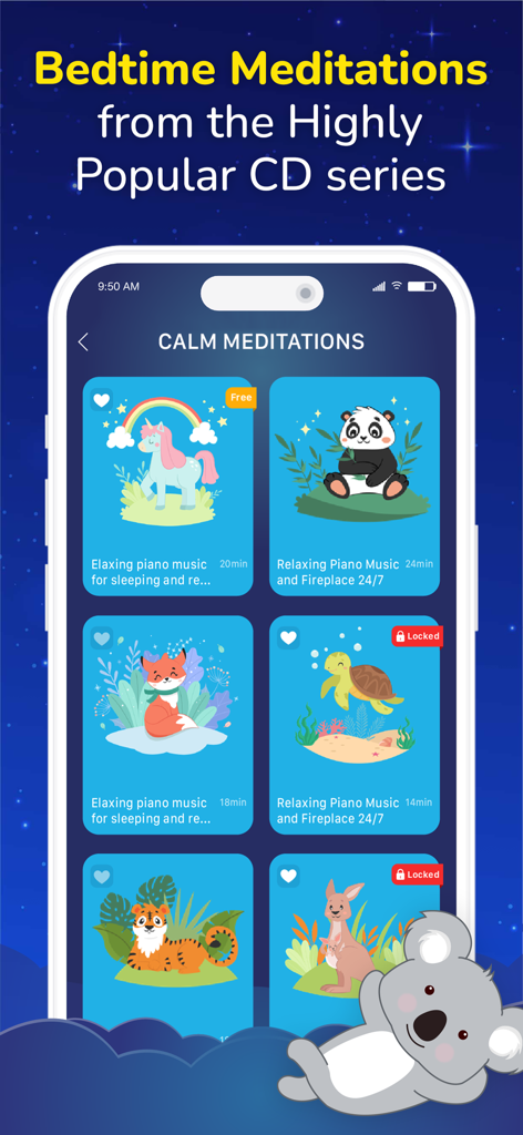 Schermata di un'app mobile che mostra una libreria di meditazioni e storie per dormire per bambini, con simpatici personaggi animali come unicorni e panda.