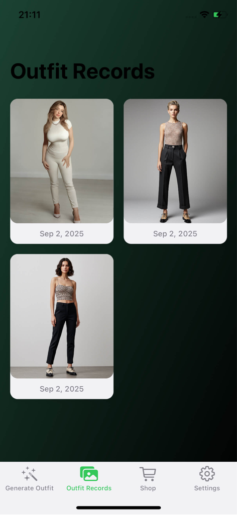 Jowy - The outfit records screen of the Jowy app showing a history of AI generated fashion looks with dates