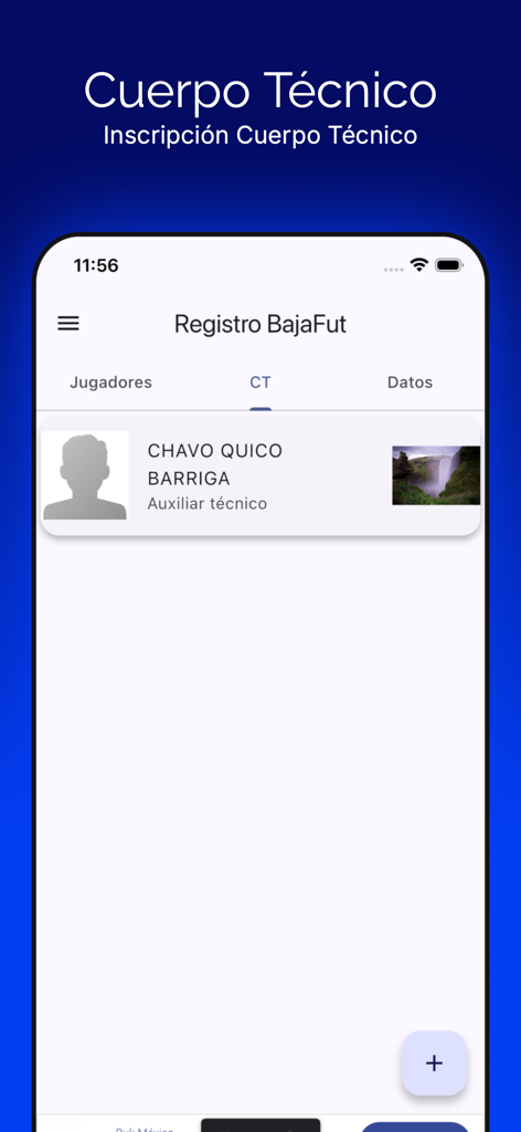Interfaccia utente dell'app Registro BF che mostra la registrazione dello staff tecnico per i campionati di calcio amatoriali