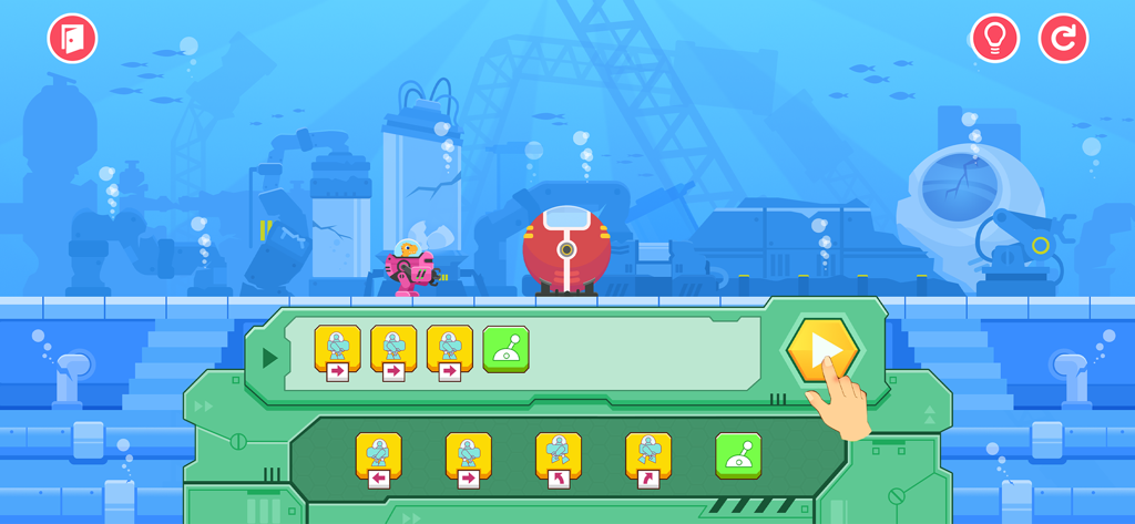 Dinosaur Coding Adventure Kids - A visual coding interface with movement blocks and a dinosaur in a pink robot mech in an underwater station environment