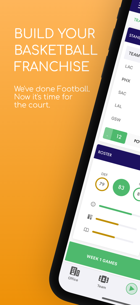 Pocket GM: Basketball Sim - Mobile screen of Pocket GM Basketball Sim showing roster statistics and team standings