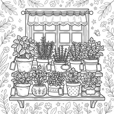 Bring a slice of rustic charm into your home with this delightful cottagecore indoor herb garden coloring page. Explore a peaceful scene of potted culinary herbs arranged on a windowsill, perfect for a relaxing creative escape.