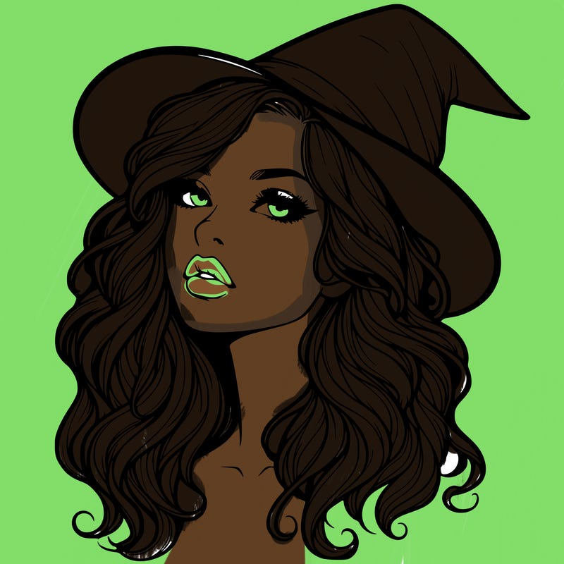 realistic witch girl with wavy hair and lips