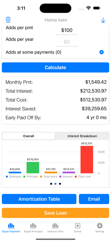 Loan Calculator - Home Payment - Tela de calculadora de financiamento mostrando pagamentos mensais e juros totais economizados através de pagamentos extras.