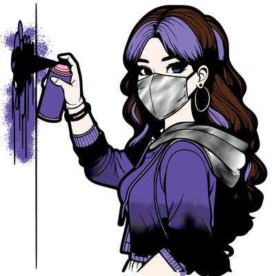 realistic girl with mask spray painting a wall