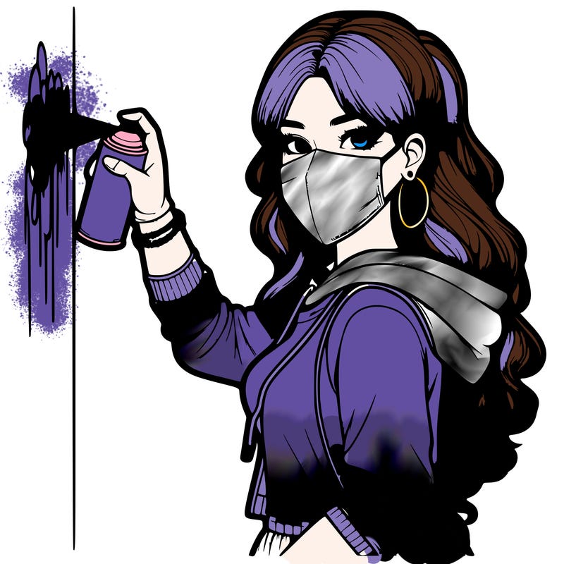 realistic girl with mask spray painting a wall