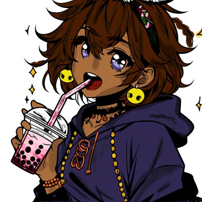 hot baddie anime girl drinking boba and biting the straw