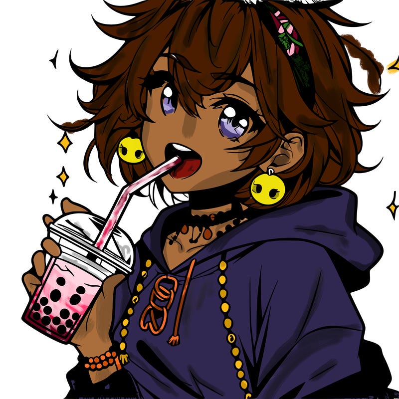 hot baddie anime girl drinking boba and biting the straw
