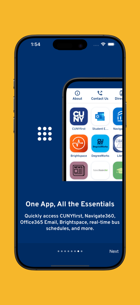 QCC Connect app onboarding screen displaying access to CUNYfirst, Microsoft 365, Brightspace, and campus resources