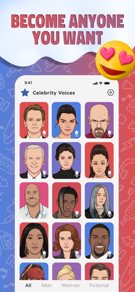 Celeb Pranks: AI Voice Changer - App screenshot showing a variety of cartoon celebrity avatars for AI voice transformation.