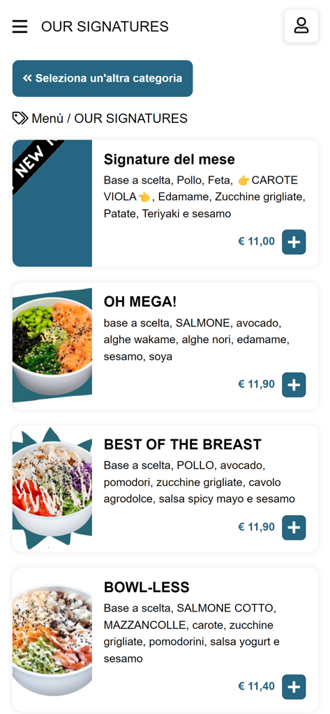 Poké Factory - Mobile app menu for Poke Factory displaying signature poke bowl options with prices and descriptions