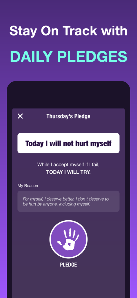 HarmLess: Self Harm Tracker - Screenshot dell'app HarmLess che mostra una schermata di impegno giornaliero con una promessa di non autolesionarsi