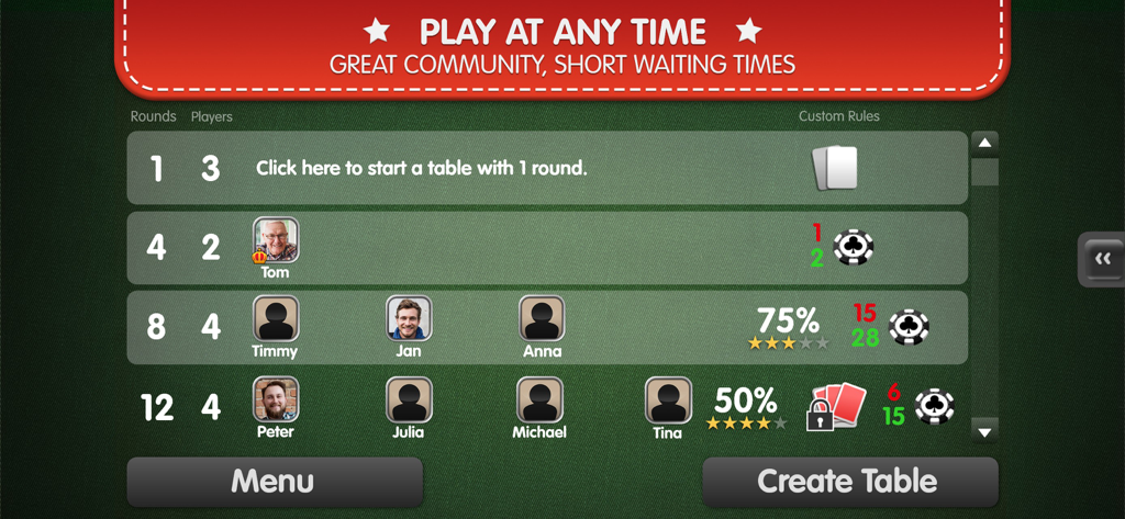 Multiplayer table selection screen in Solitaire Palace showing live opponents and game options.