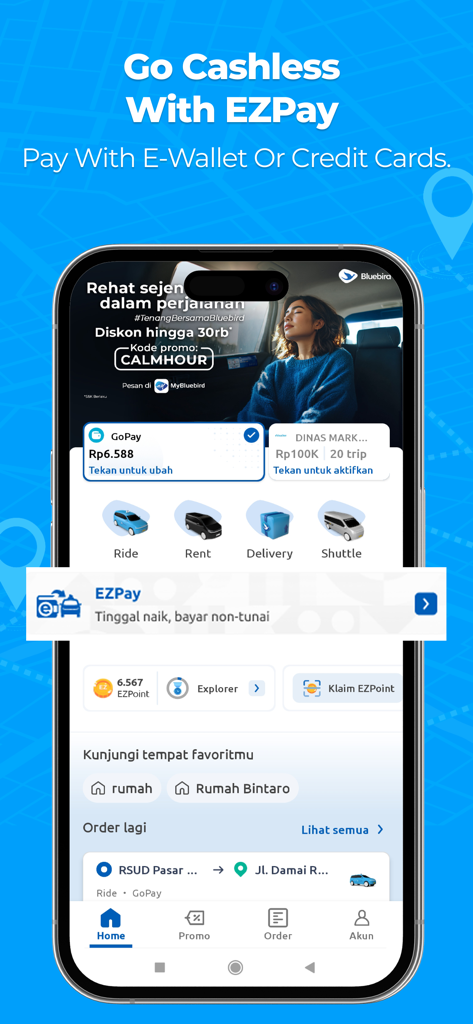 MyBluebird Taxi & Car Rental - MyBluebird app interface showing EZPay cashless payment options for international travelers