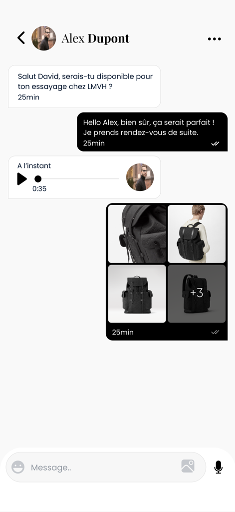 Chat interface in the Rendez-vous app showing a conversation with a luxury advisor about a fitting appointment and product photos.