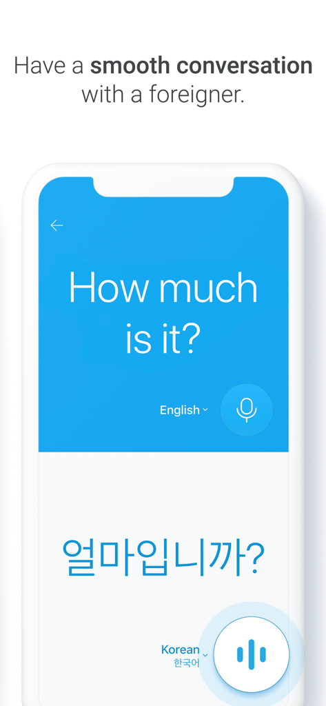 Uno schermo di smartphone che mostra l'app Papago che traduce 'Quanto costa?' dall'inglese al coreano.