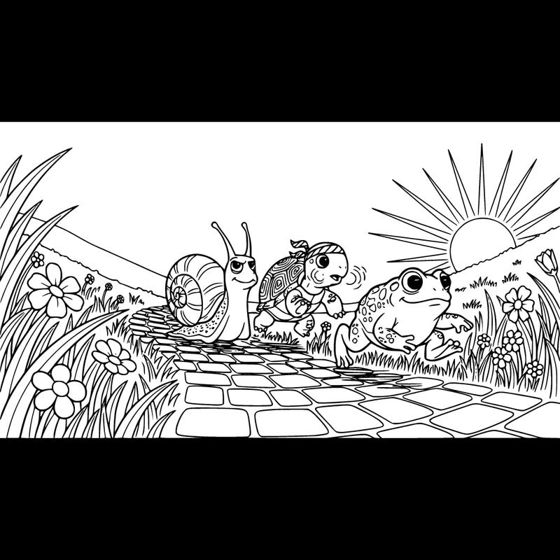 race in a meadow on a pathway between a cartoon snail cartoon tortoise and a cartoon toad