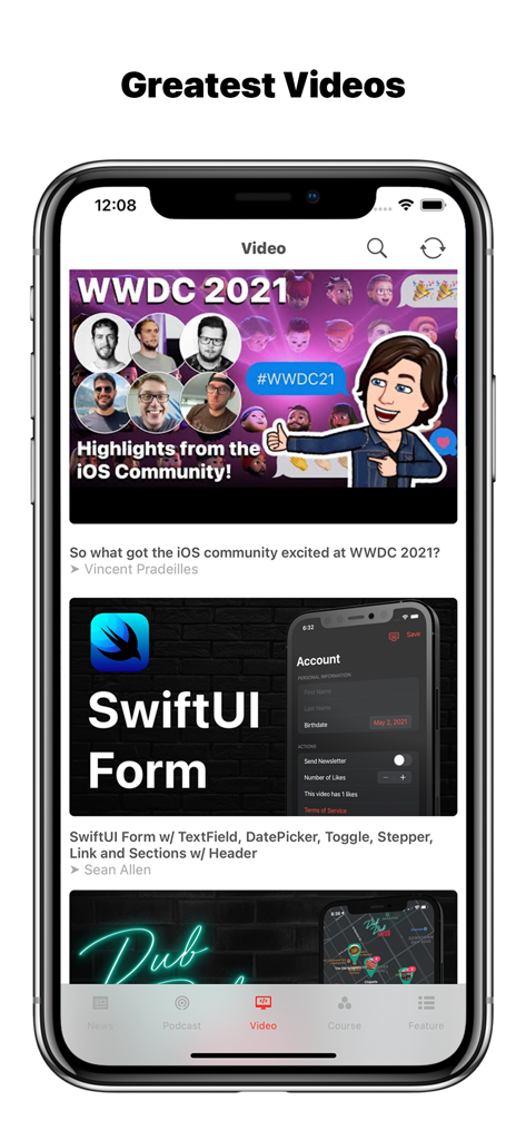 iDev: Developer News - The Greatest Videos section of the iDev app displaying iOS developer content like WWDC highlights and SwiftUI tutorials.