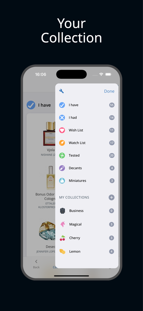 A mobile interface showing fragrance collection categories such as wish list tested and custom scent lists in the Parfumo app
