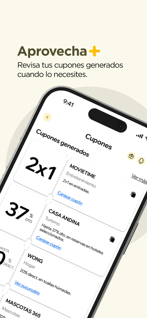 Club El Comercio - Interfaz de la aplicación Club El Comercio mostrando una lista de cupones digitales generados para entradas de cine, descuentos en hoteles y ofertas minoristas.