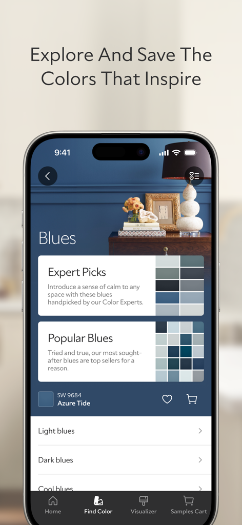 Sherwin-Williams app displaying blue paint color collections including expert picks and popular blues